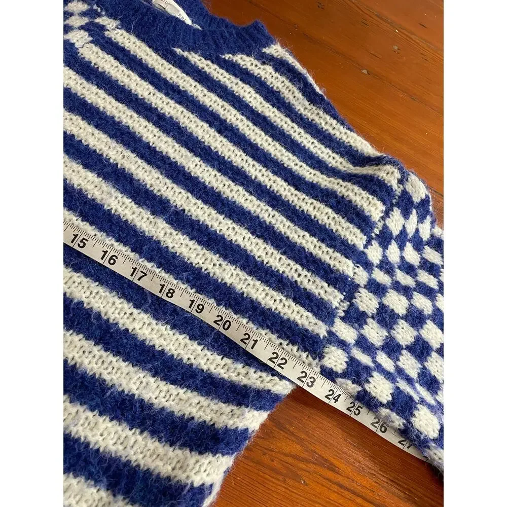 Blu Pepper Large Blue Ivory Mixed Pattern Checkerboard Knit Sweater